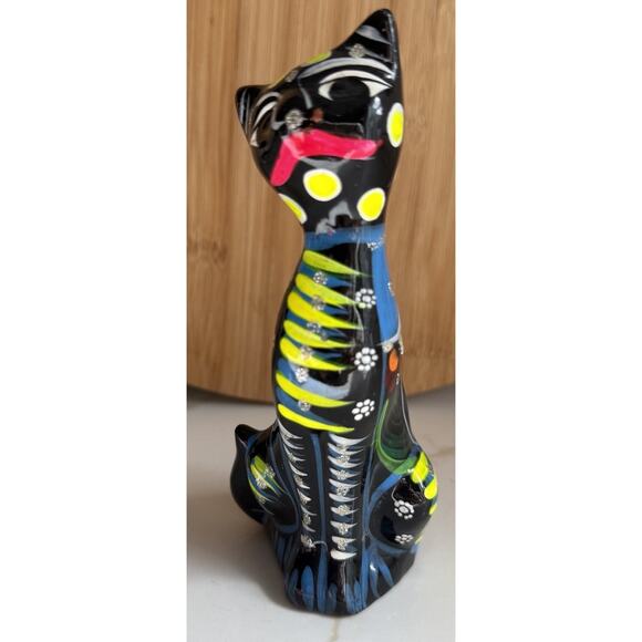 Vintage Cat Figurine Hand Painted Skeleton Mexican Folk Art Clay Pottery 6” - Picture 1 of 4